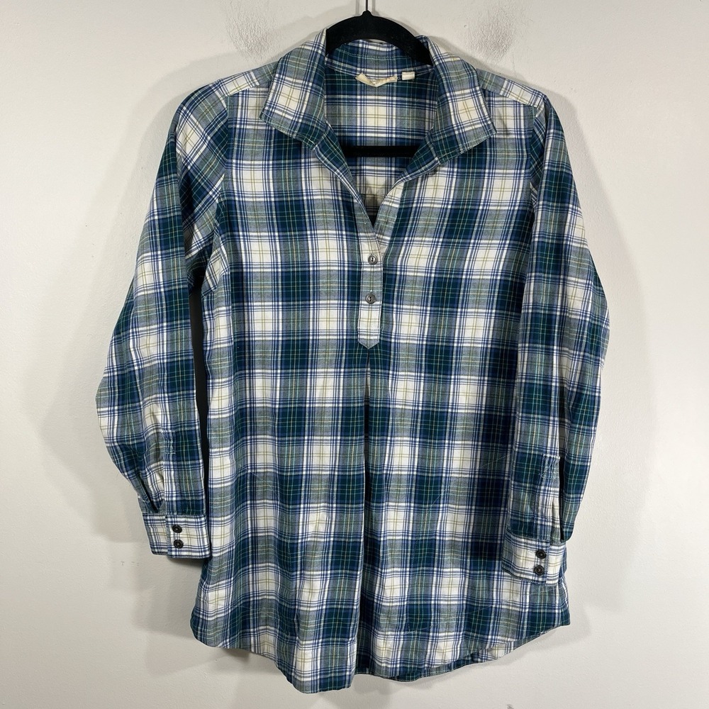 Uncommon Threads Blue Plaid Quarter Button Pullover Long Sleeve Top Women's XS